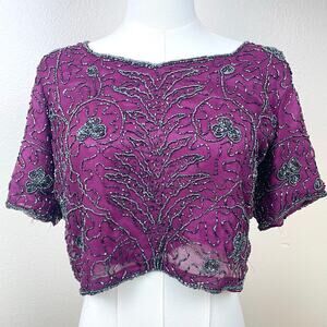 Vintage Womens Top Sz S Beaded Whimsigoth Dark Fairy Glam Holiday Party Cropped‎